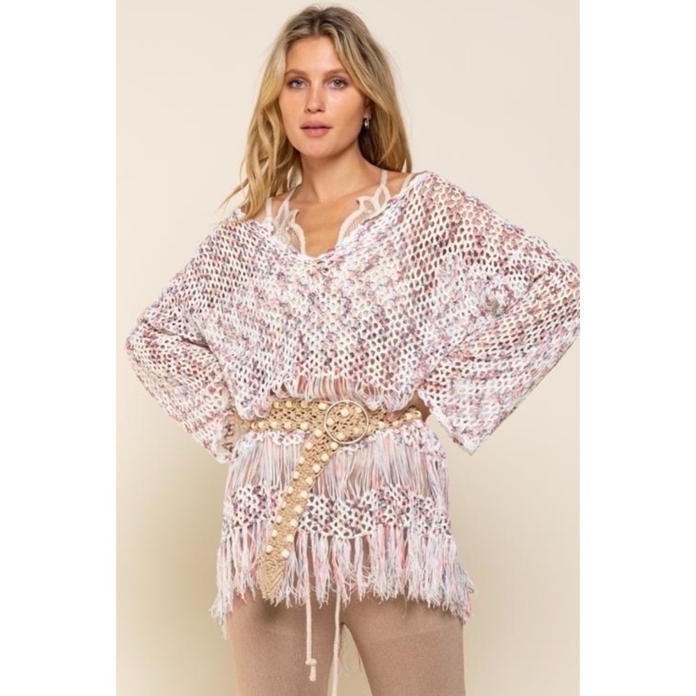 POL Open Knit Lightweight Tunic Sweater with Fringe - Picture 6 of 7